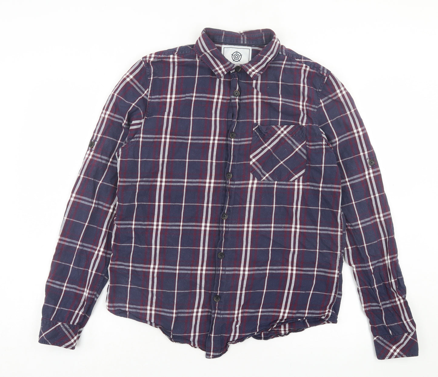 TOG24 Mens Blue Plaid Polyester Button-Up Size M Collared Button - Blue & Burgandy