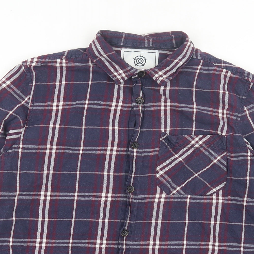 TOG24 Mens Blue Plaid Polyester Button-Up Size M Collared Button - Blue & Burgandy
