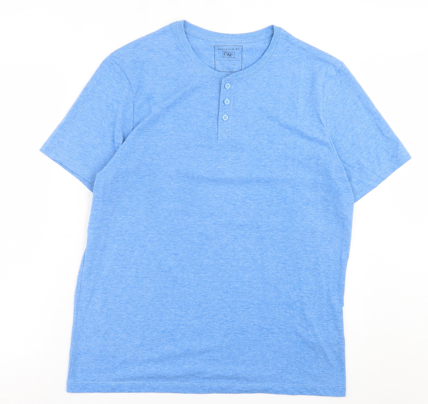 F&F Mens Blue Cotton T-Shirt Size L Henley - Light Blue