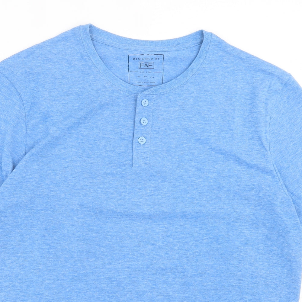 F&F Mens Blue Cotton T-Shirt Size L Henley - Light Blue