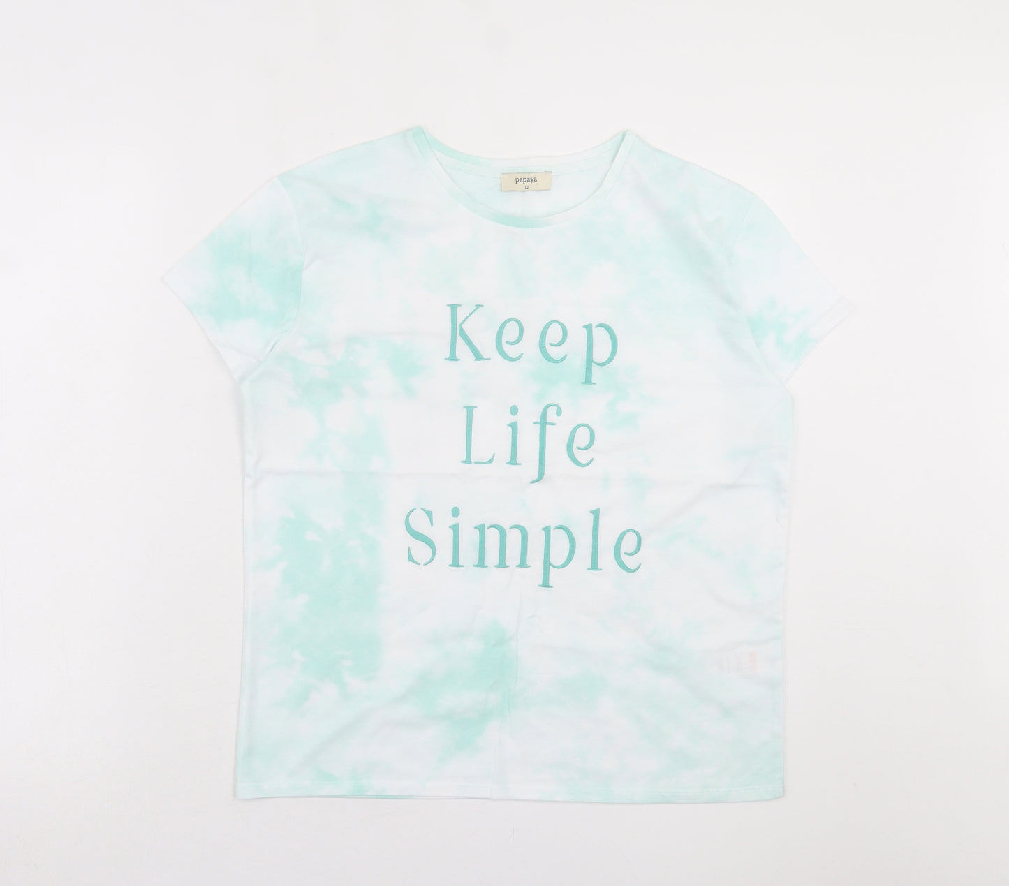Papaya Womens Green Geometric Cotton Basic T-Shirt Size 12 Crew Neck - Keep Life Simple, Tie Dye