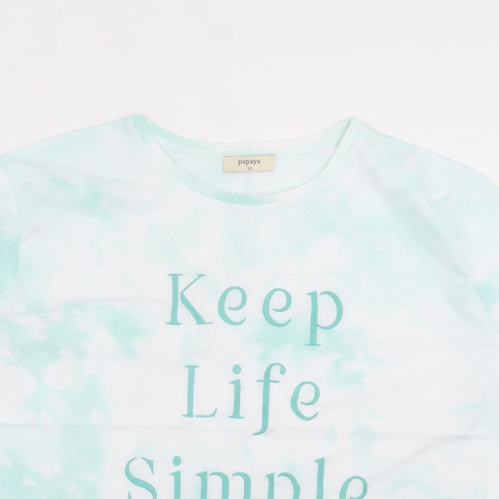 Papaya Womens Green Geometric Cotton Basic T-Shirt Size 12 Crew Neck - Keep Life Simple, Tie Dye