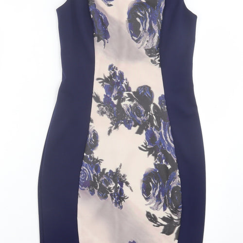 Little Mistress Womens Blue Floral Polyester Bodycon Size 10 Crew Neck Zip
