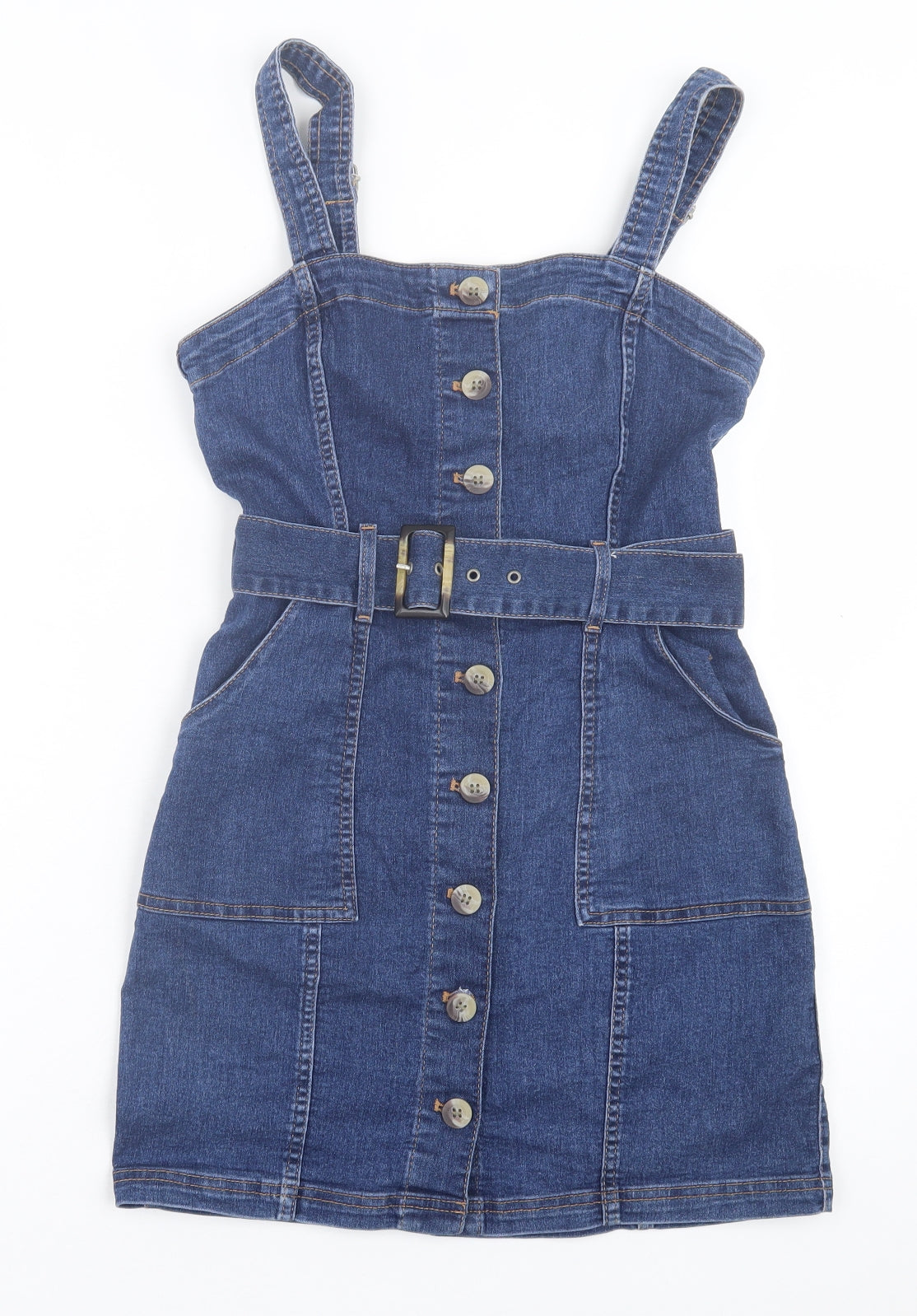 H&M Womens Blue Cotton Pinafore/Dungaree Dress Size 8 Square Neck Button - Denim Dress