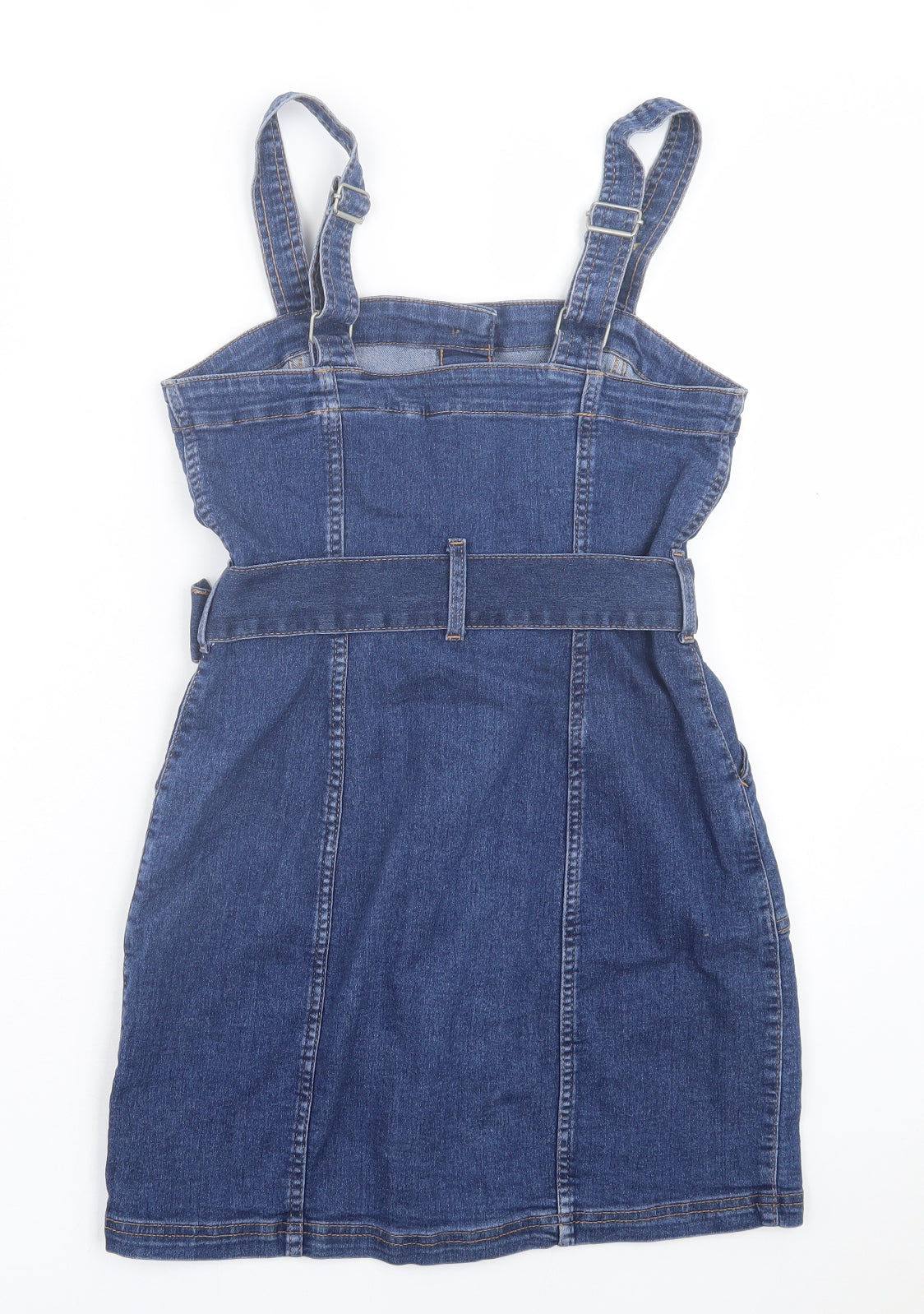H&M Womens Blue Cotton Pinafore/Dungaree Dress Size 8 Square Neck Button - Denim Dress