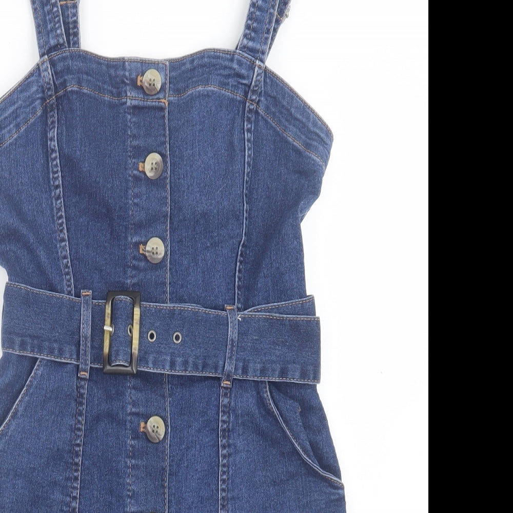 H&M Womens Blue Cotton Pinafore/Dungaree Dress Size 8 Square Neck Button - Denim Dress