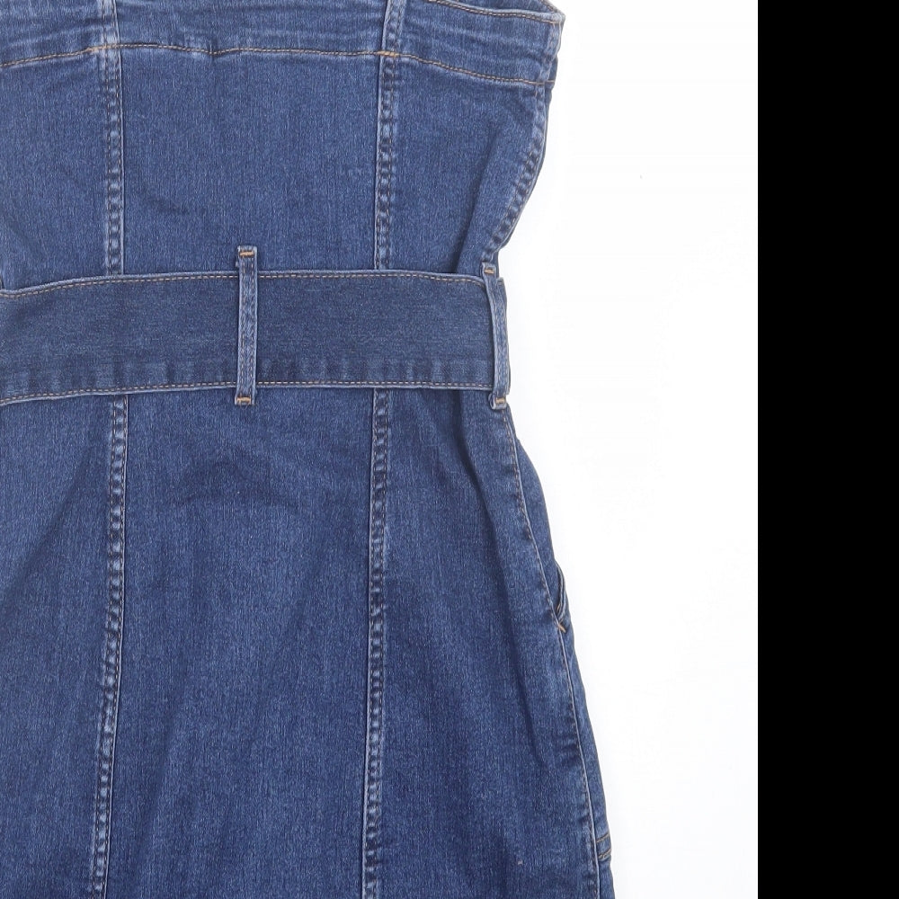 H&M Womens Blue Cotton Pinafore/Dungaree Dress Size 8 Square Neck Button - Denim Dress