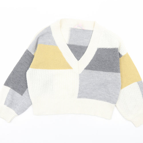 Miss Selfridge Womens Grey V-Neck Geometric Acrylic Pullover Jumper Size 10 - Grey, Yellow & White