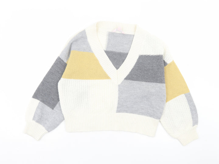 Miss Selfridge Womens Grey V-Neck Geometric Acrylic Pullover Jumper Size 10 - Grey, Yellow & White