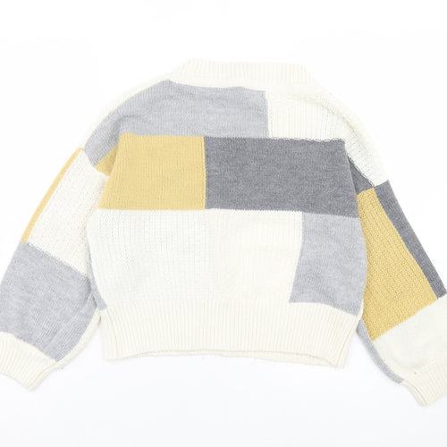 Miss Selfridge Womens Grey V-Neck Geometric Acrylic Pullover Jumper Size 10 - Grey, Yellow & White