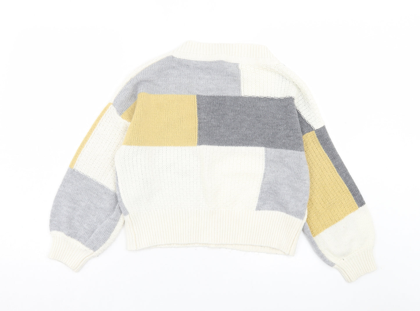 Miss Selfridge Womens Grey V-Neck Geometric Acrylic Pullover Jumper Size 10 - Grey, Yellow & White