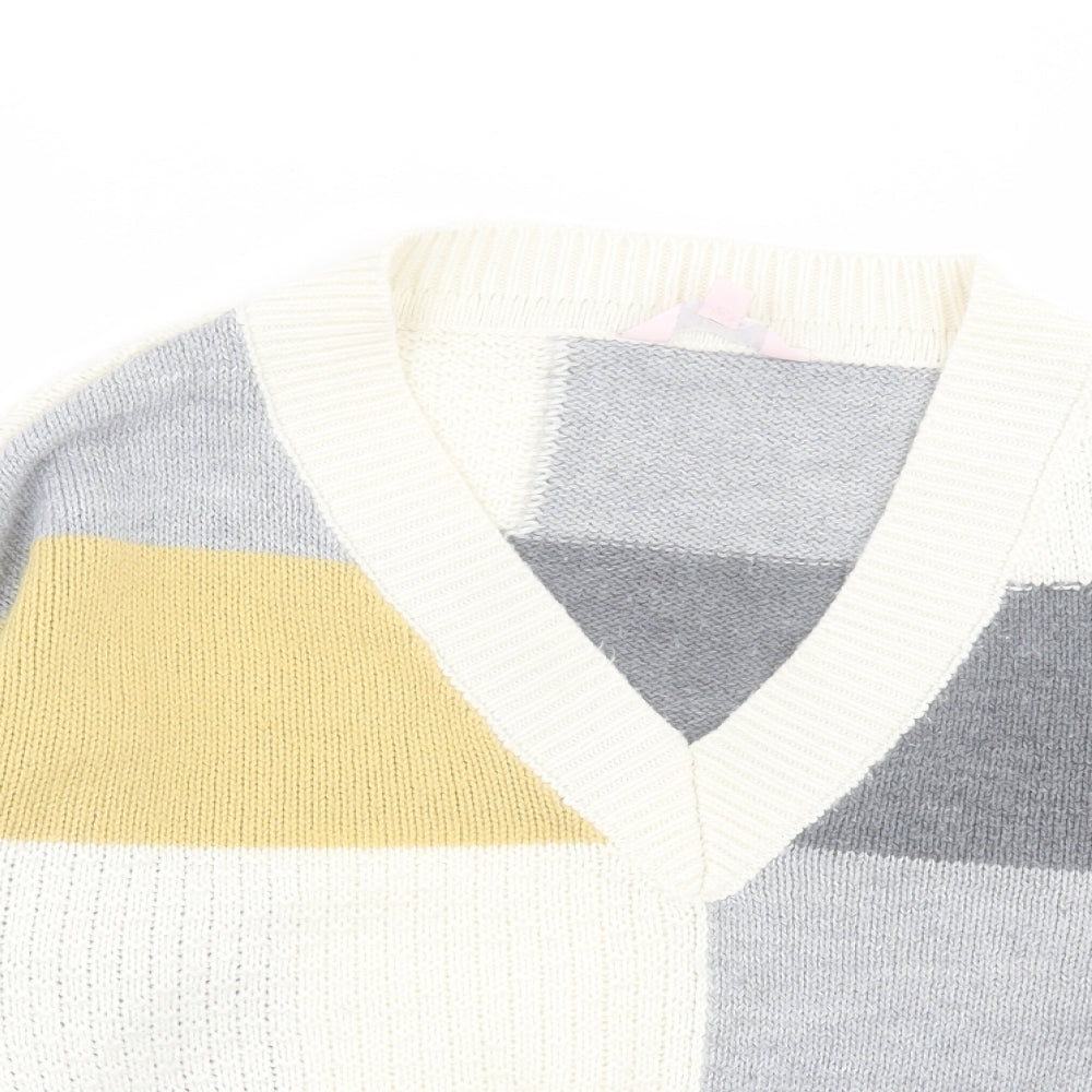 Miss Selfridge Womens Grey V-Neck Geometric Acrylic Pullover Jumper Size 10 - Grey, Yellow & White