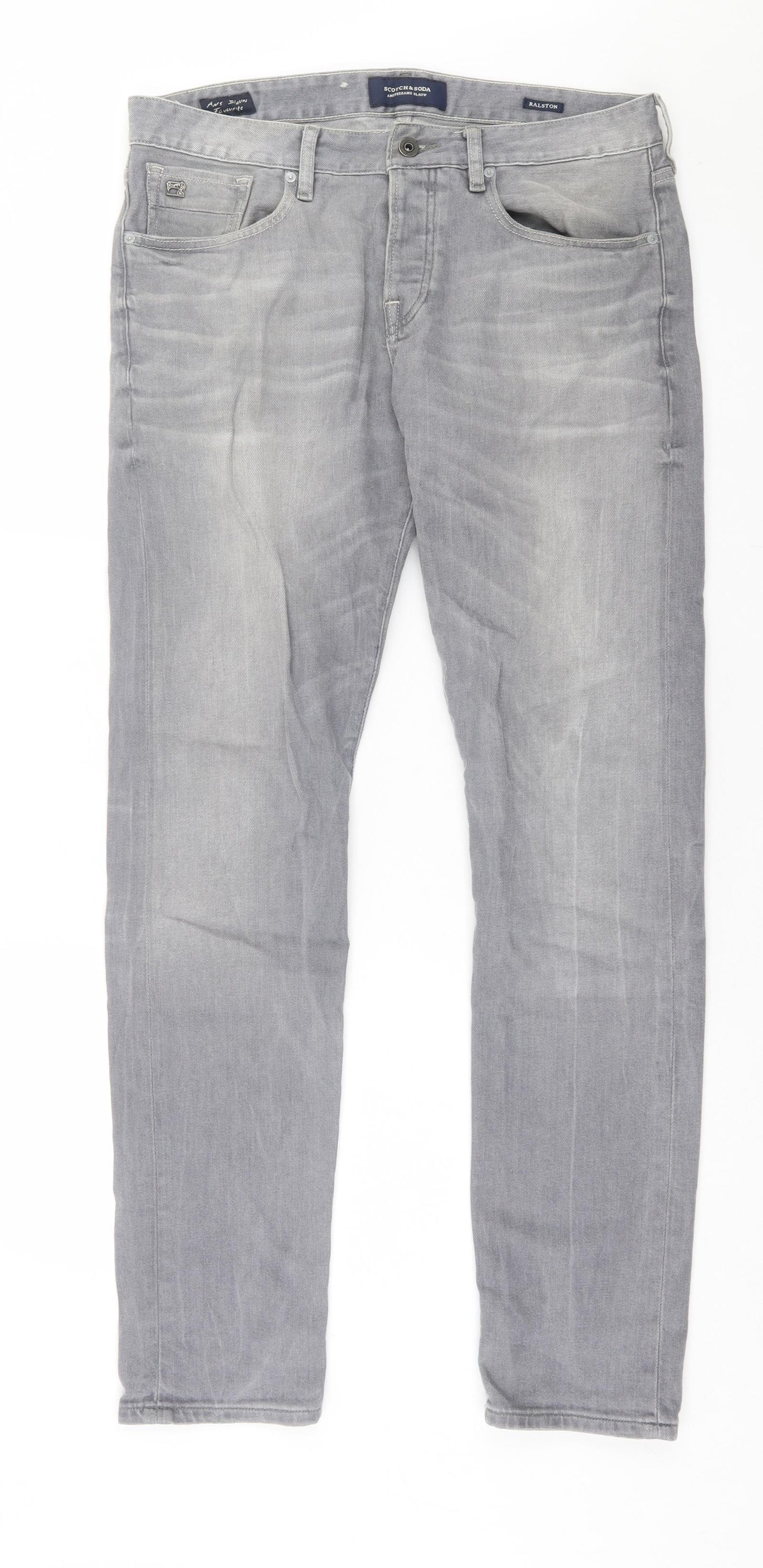 Scotch & Soda Mens Grey Cotton Straight Jeans Size 32 in L32 in Regular Button