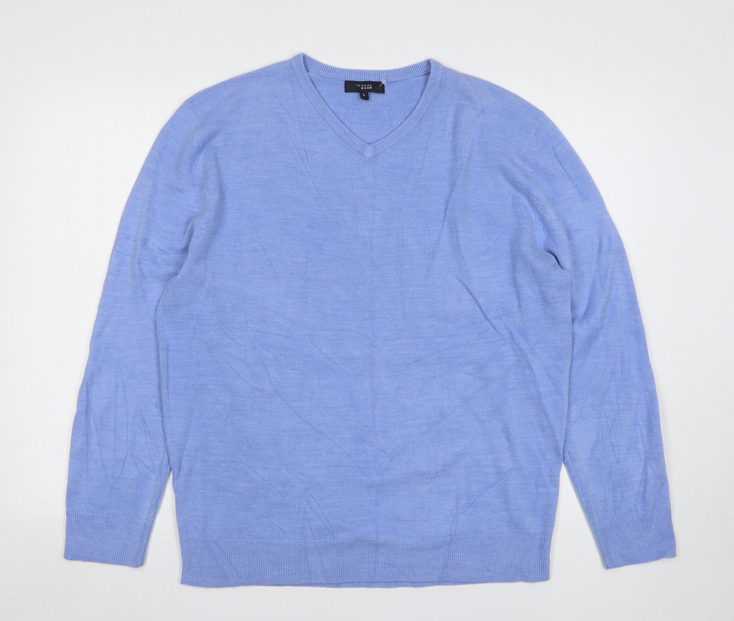 Thomas Nash Mens Blue V-Neck Acrylic Pullover Jumper Size L