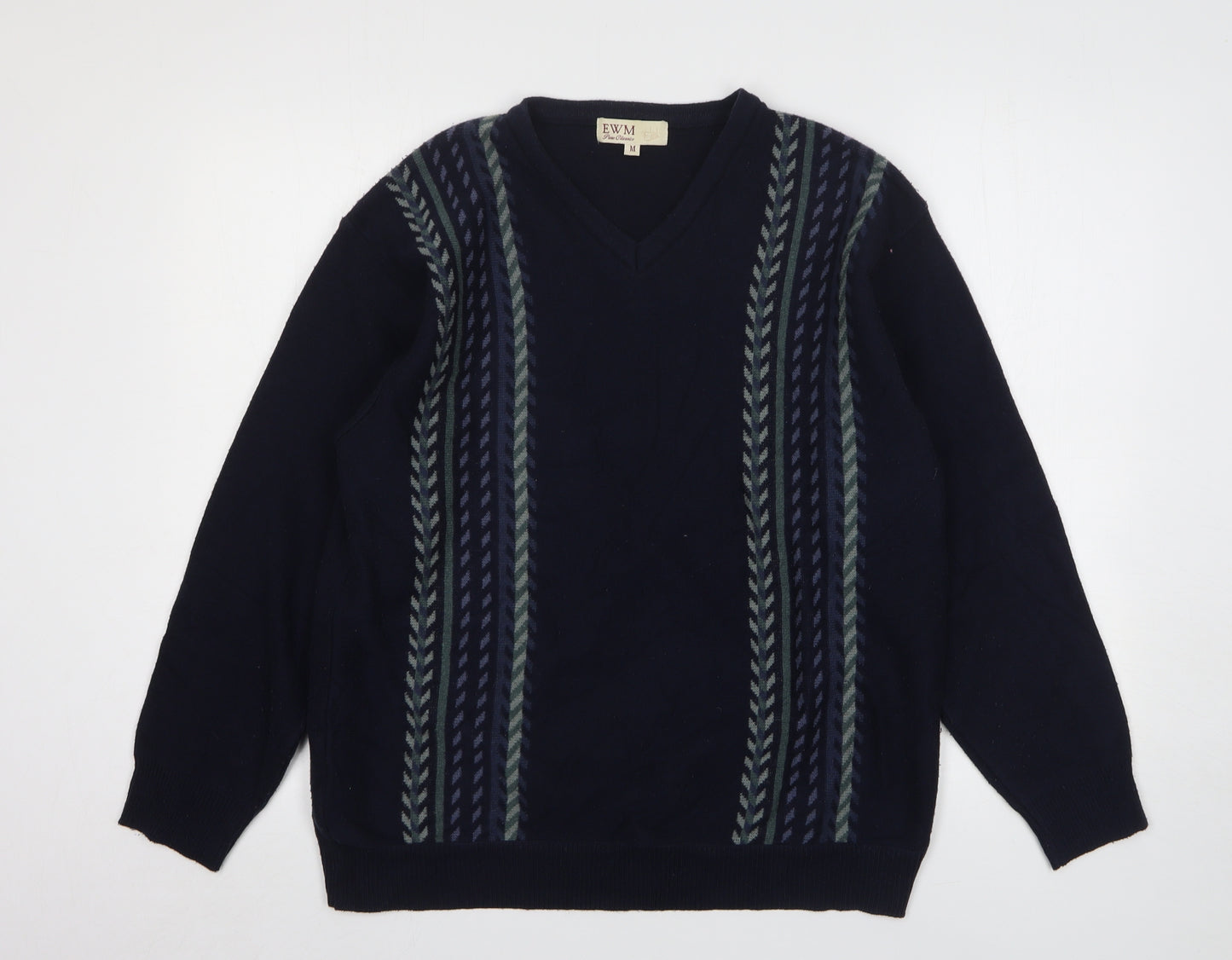 EWM Mens Blue V-Neck Striped Cotton Pullover Jumper Size M