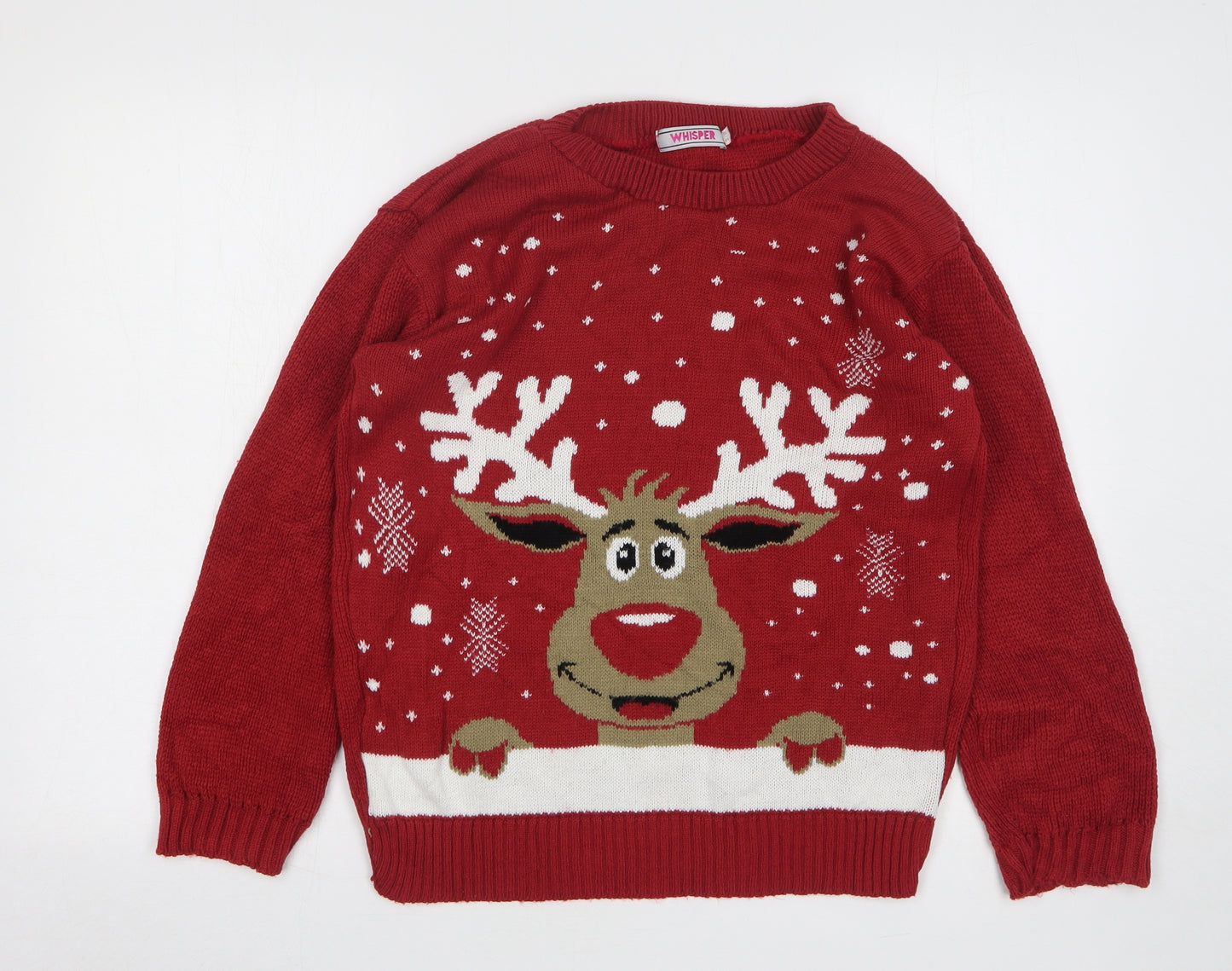 Whisper Womens Red Round Neck Polka Dot Acrylic Pullover Jumper Size S - Christmas Reindeer