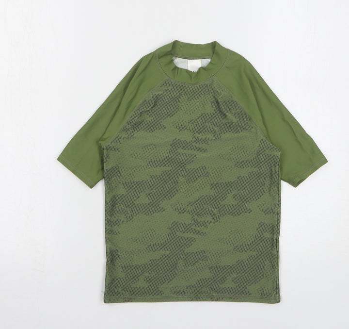 Marks and Spencer Boys Green Camouflage Polyamide Basic T-Shirt Size 7-8 Years Round Neck Pullover
