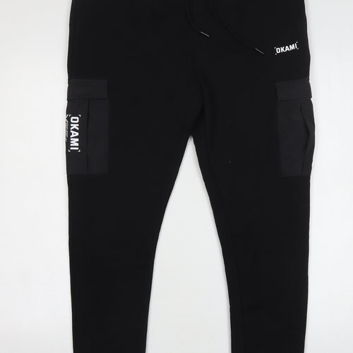 Okami Mens Black Cotton Sweatpants Trousers Size L L29 in Regular Drawstring