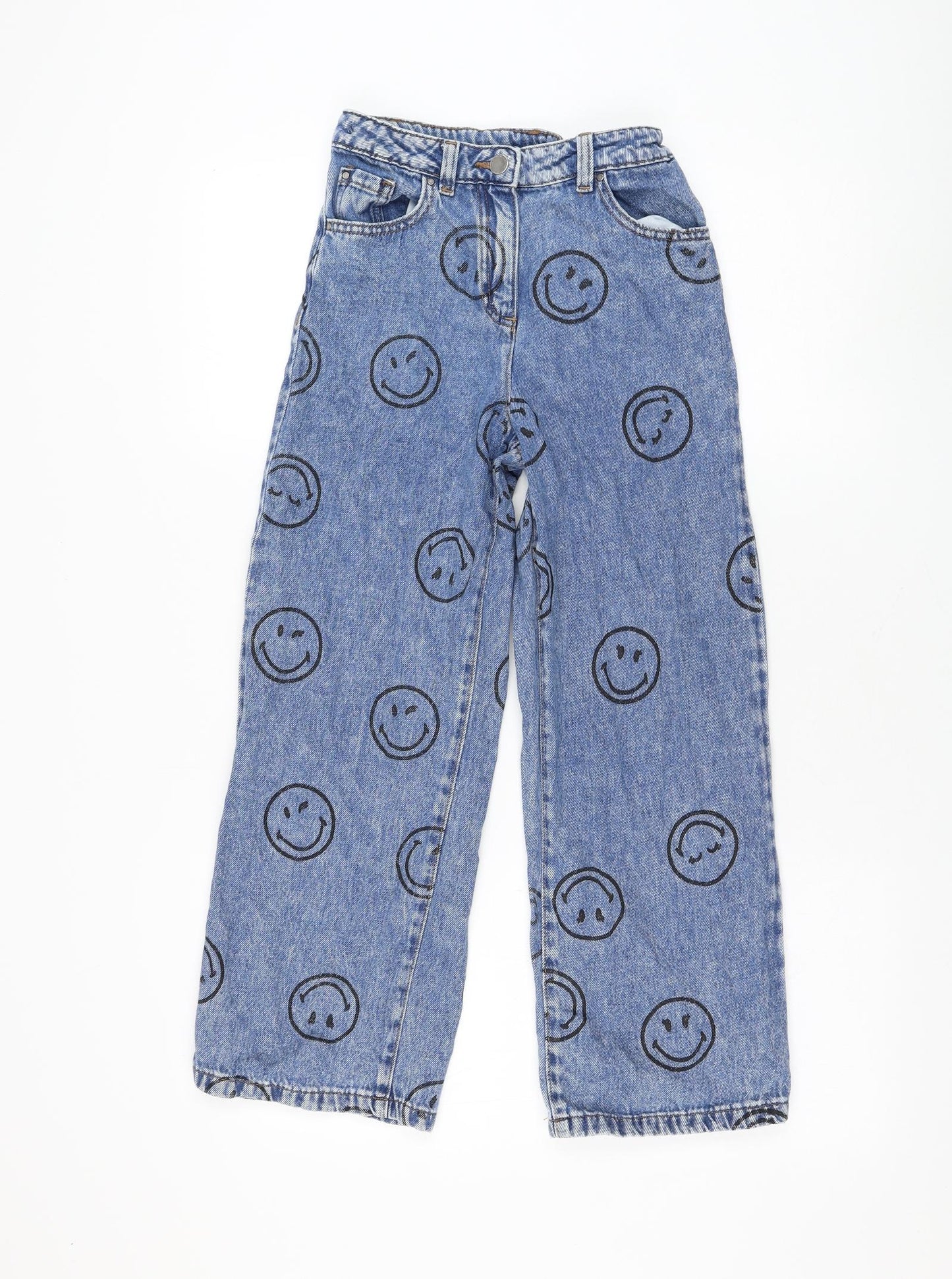 NEXT Girls Blue Geometric Cotton Straight Jeans Size 11 Years Regular Zip - Smiley Faces