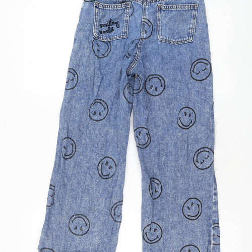 NEXT Girls Blue Geometric Cotton Straight Jeans Size 11 Years Regular Zip - Smiley Faces