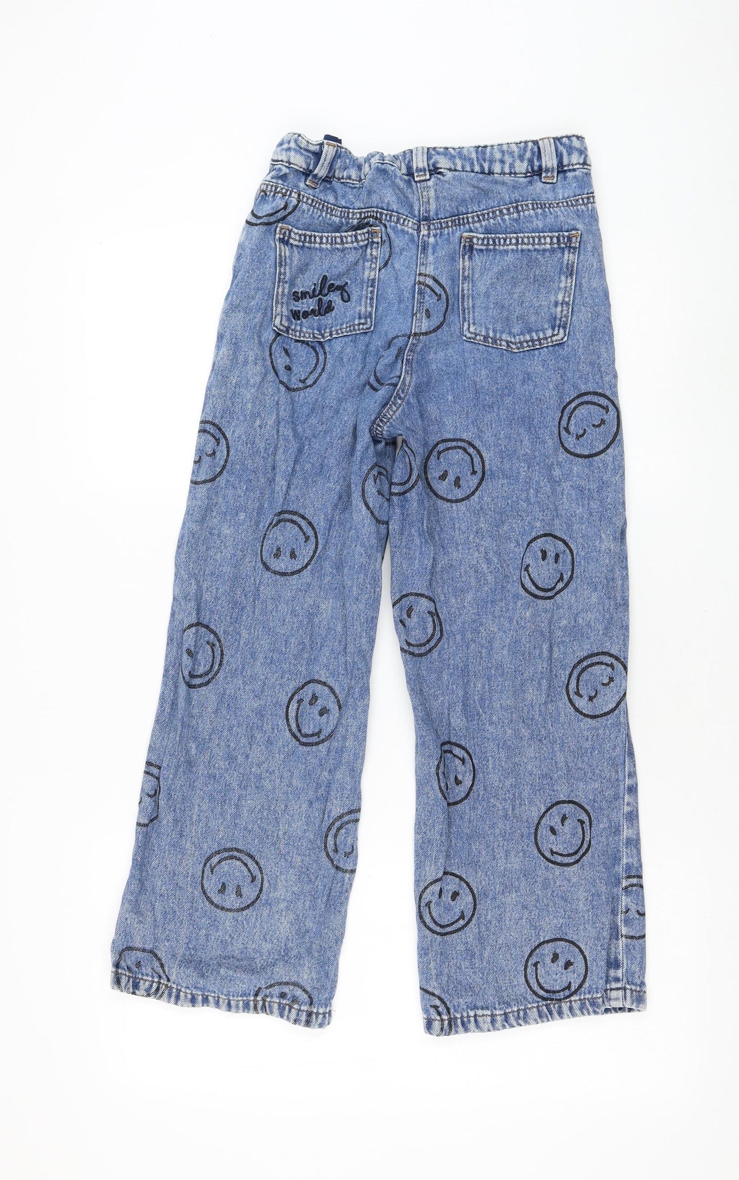 NEXT Girls Blue Geometric Cotton Straight Jeans Size 11 Years Regular Zip - Smiley Faces