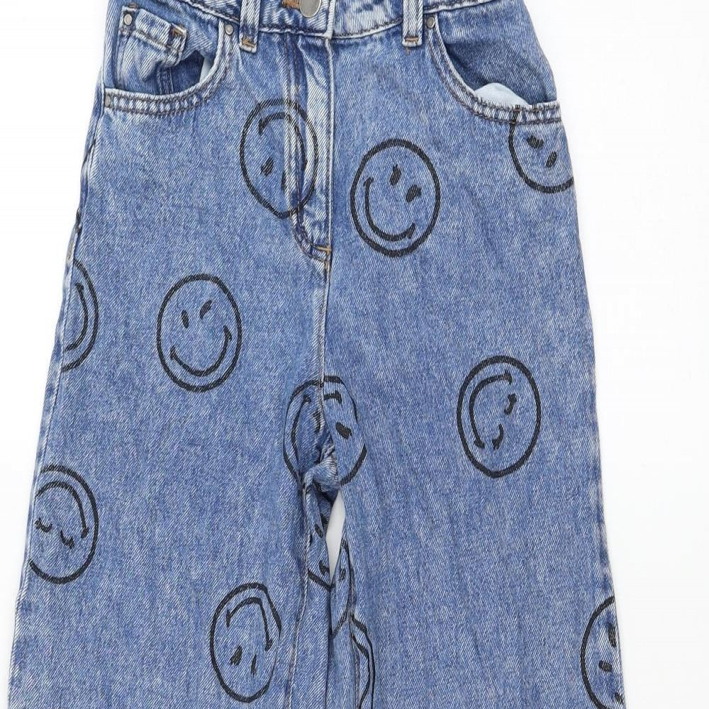 NEXT Girls Blue Geometric Cotton Straight Jeans Size 11 Years Regular Zip - Smiley Faces