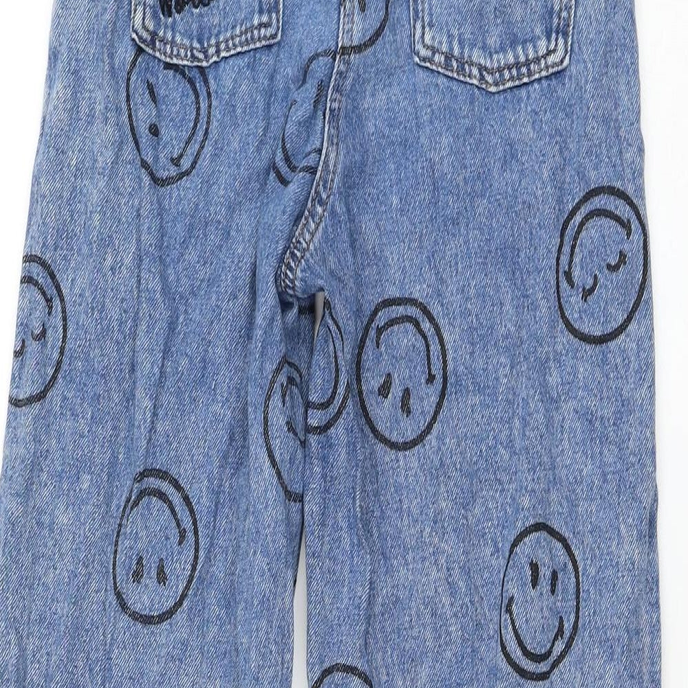 NEXT Girls Blue Geometric Cotton Straight Jeans Size 11 Years Regular Zip - Smiley Faces