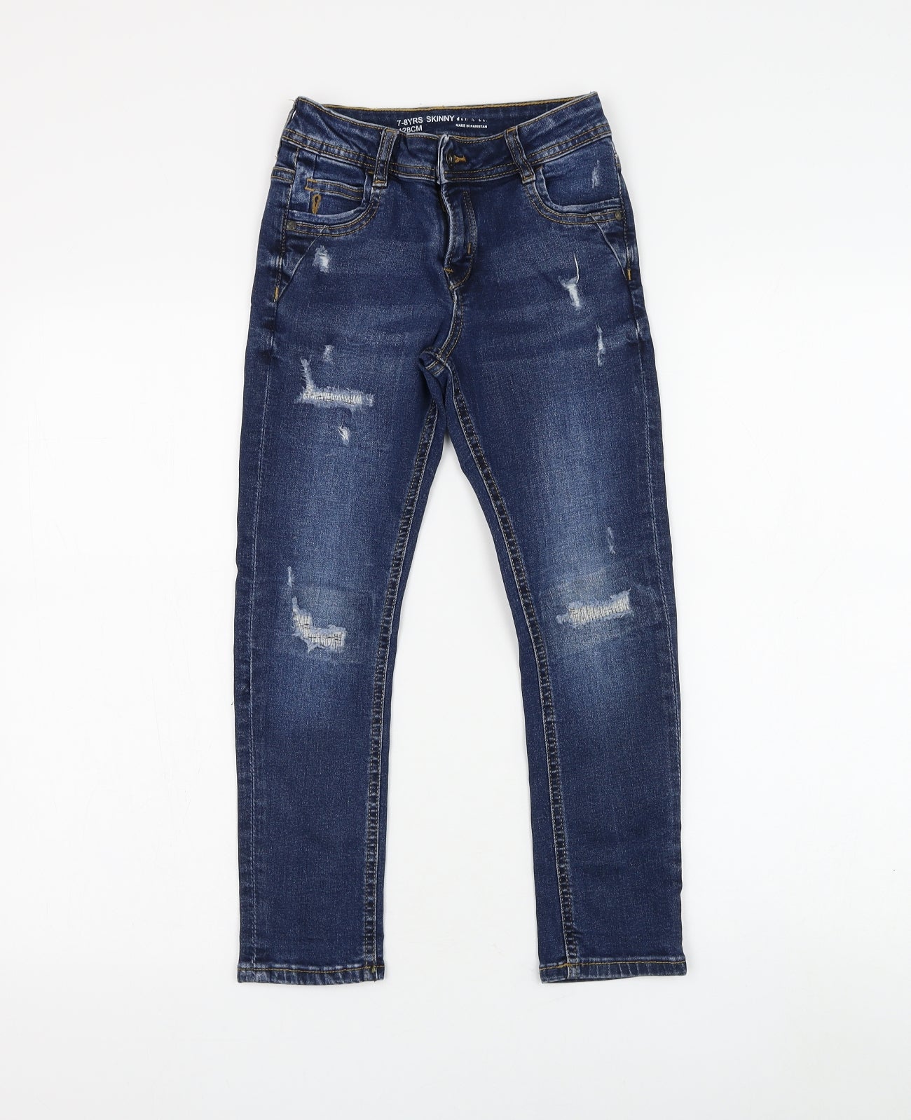 Primark Boys Blue Cotton Skinny Jeans Size 7-8 Years Regular Zip - Distressed