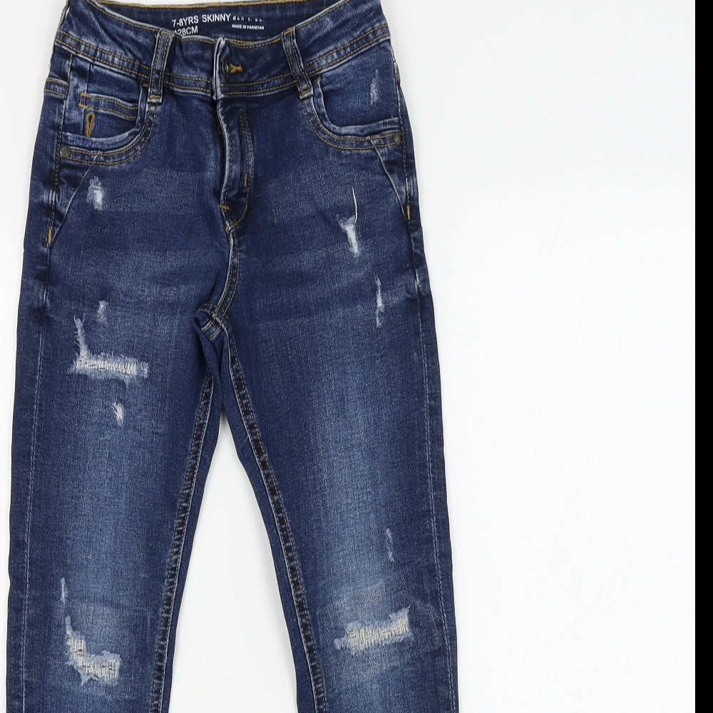 Primark Boys Blue Cotton Skinny Jeans Size 7-8 Years Regular Zip - Distressed