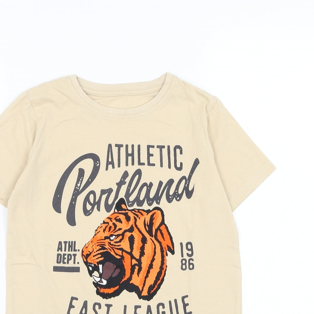 Dunnes Stores Boys Brown Cotton Basic T-Shirt Size 8-9 Years Round Neck Pullover - Tiger