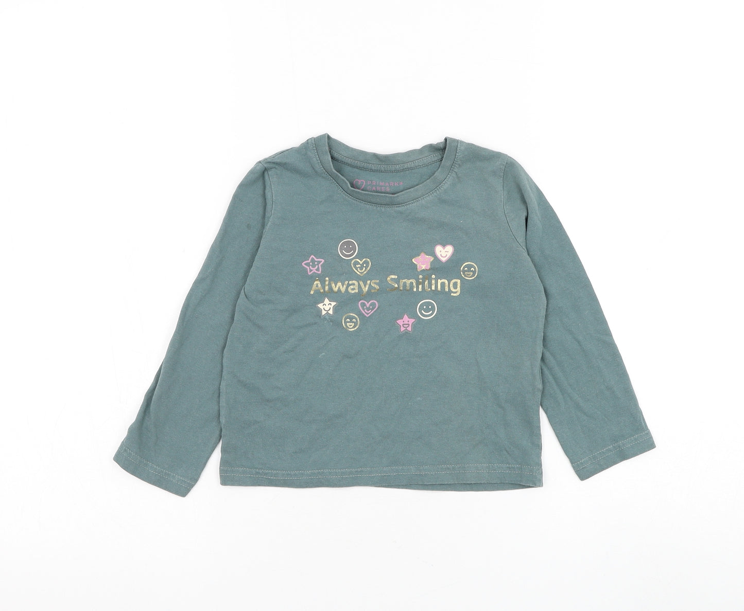 Primark Girls Green Cotton Basic T-Shirt Size 3-4 Years Round Neck Pullover - Always Smiling