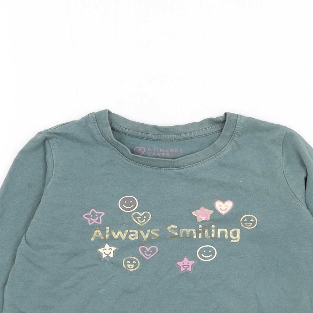 Primark Girls Green Cotton Basic T-Shirt Size 3-4 Years Round Neck Pullover - Always Smiling
