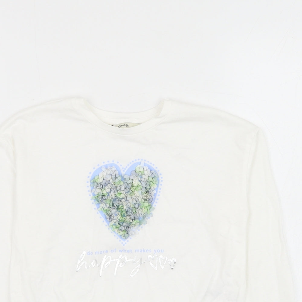 George Girls White Cotton Basic T-Shirt Size 5-6 Years Round Neck Pullover - Heart, Knot front