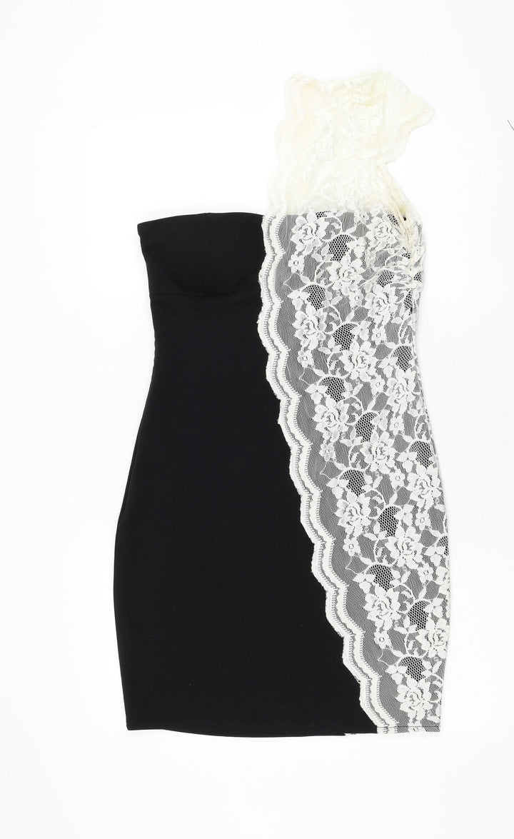 Goddova Womens Black Polyester Pencil Dress Size M One Shoulder Zip - Lace Detailing