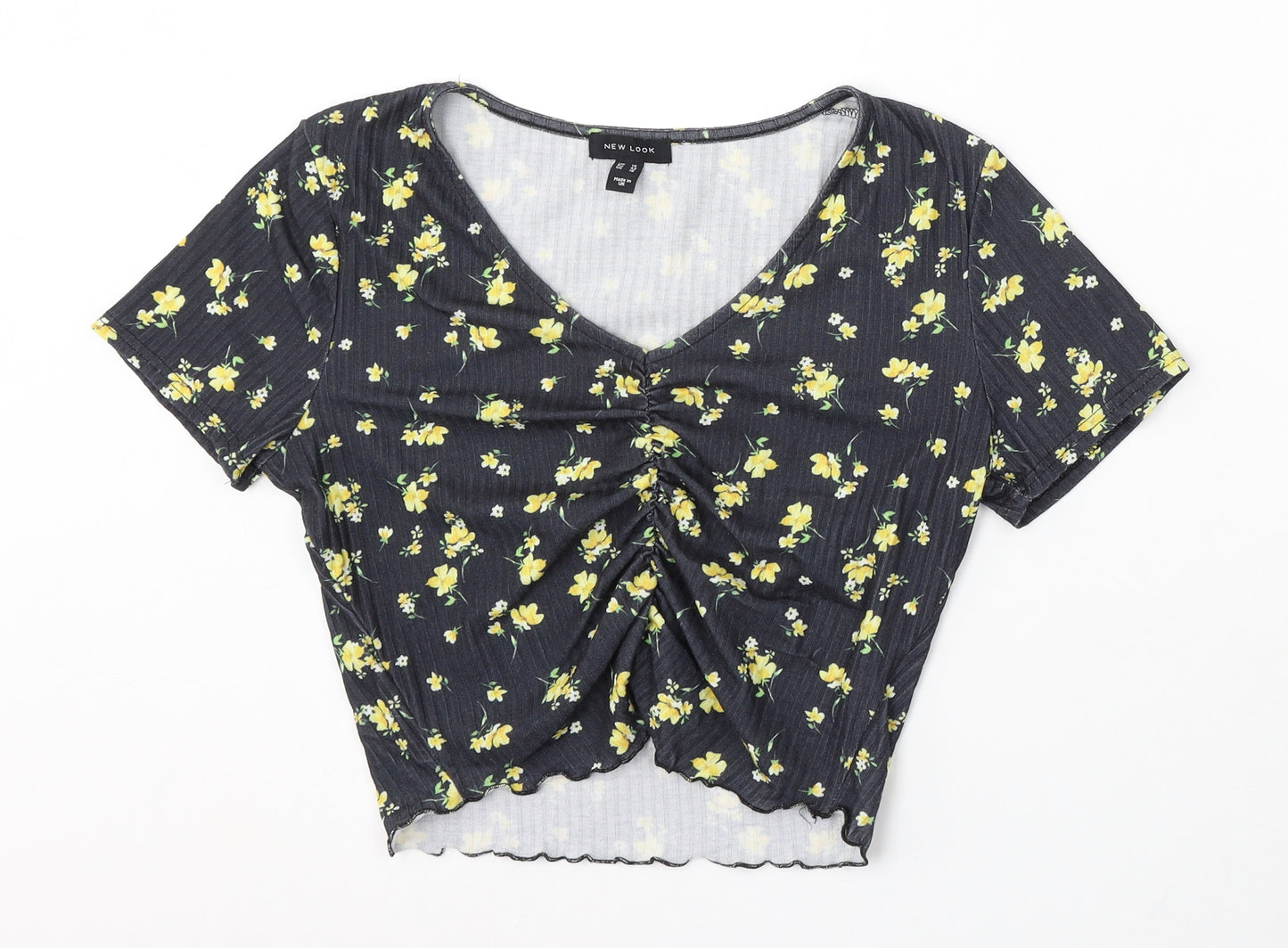 New Look Womens Black Floral Polyester Basic Blouse Size 14 V-Neck