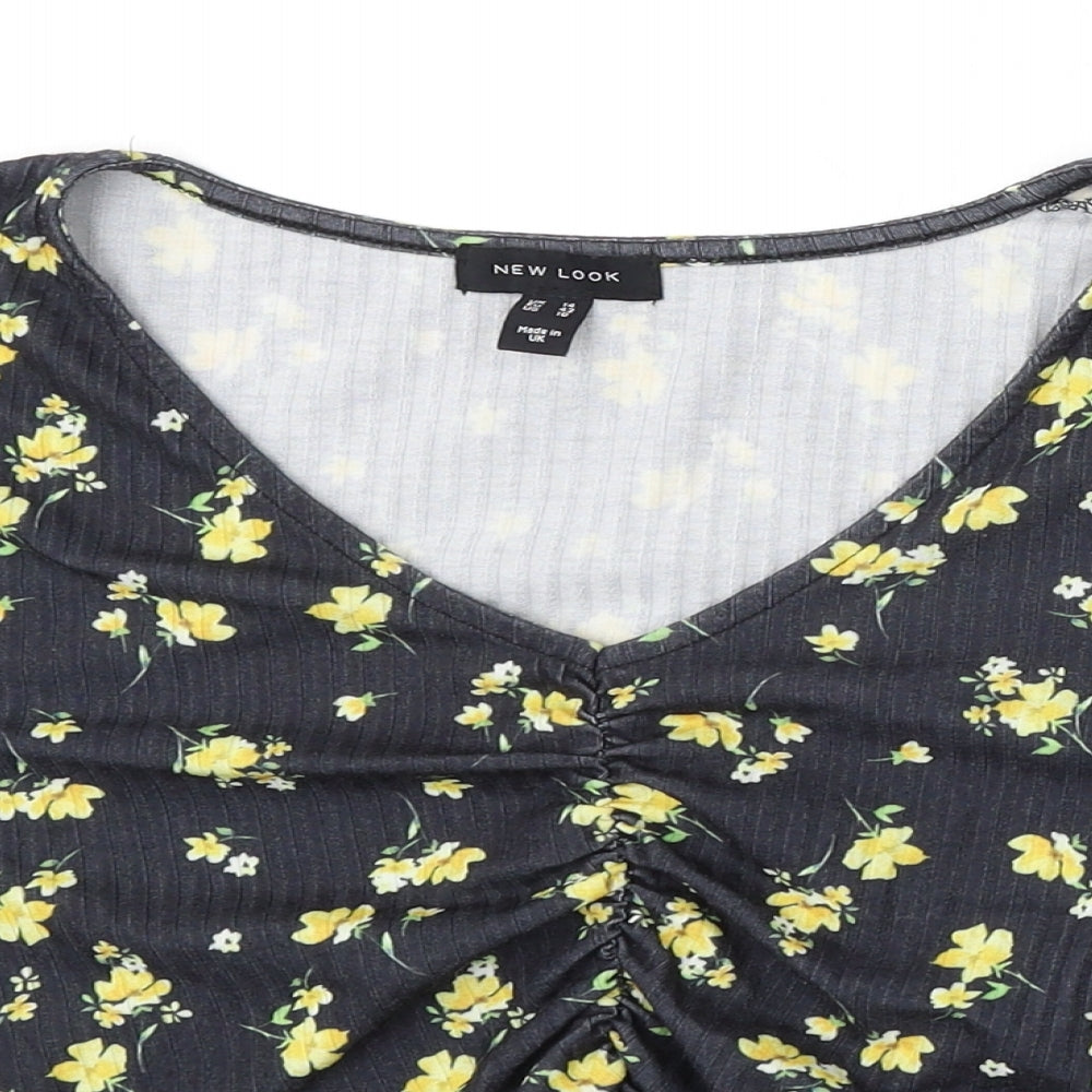 New Look Womens Black Floral Polyester Basic Blouse Size 14 V-Neck