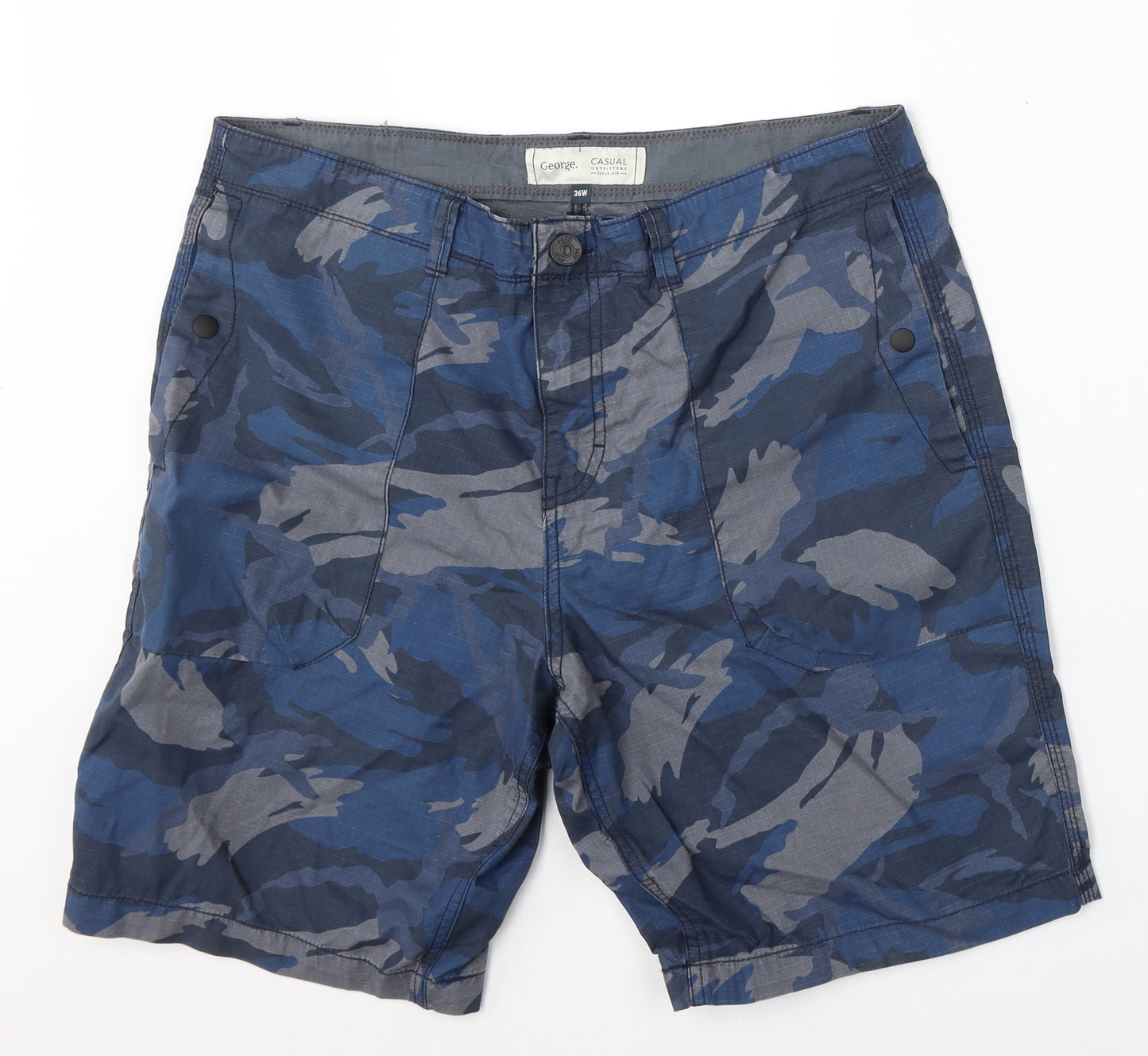 George Mens Blue Camouflage Cotton Cargo Shorts Size 36 L10 in Regular Zip