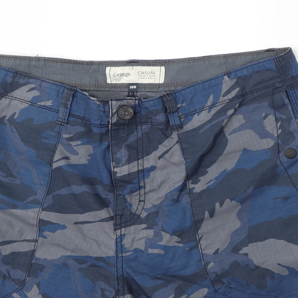 George Mens Blue Camouflage Cotton Cargo Shorts Size 36 L10 in Regular Zip