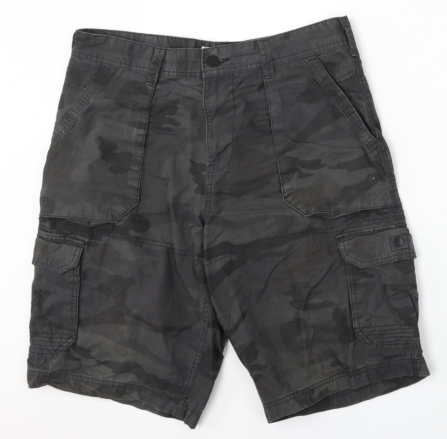 George Mens Green Camouflage Cotton Cargo Shorts Size 34 L8 in Regular Zip
