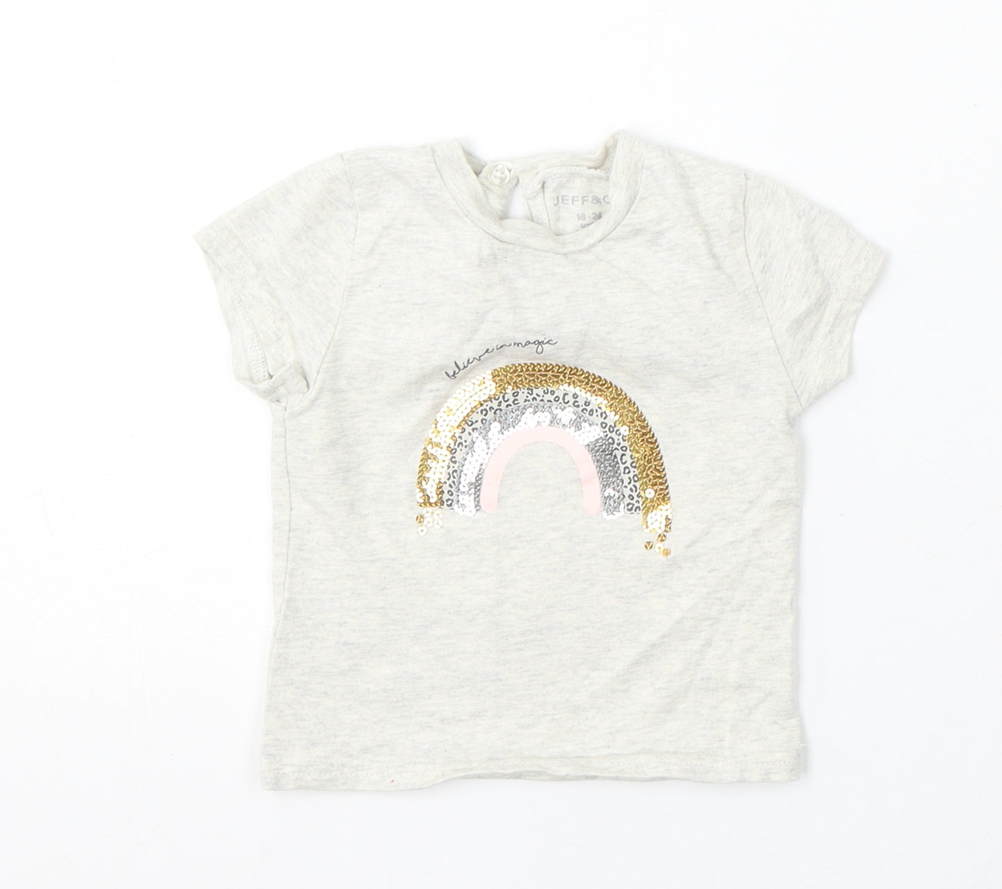 Jeff&Co Girls Grey Cotton Basic T-Shirt Size 18-24 Months Round Neck - Rainbow