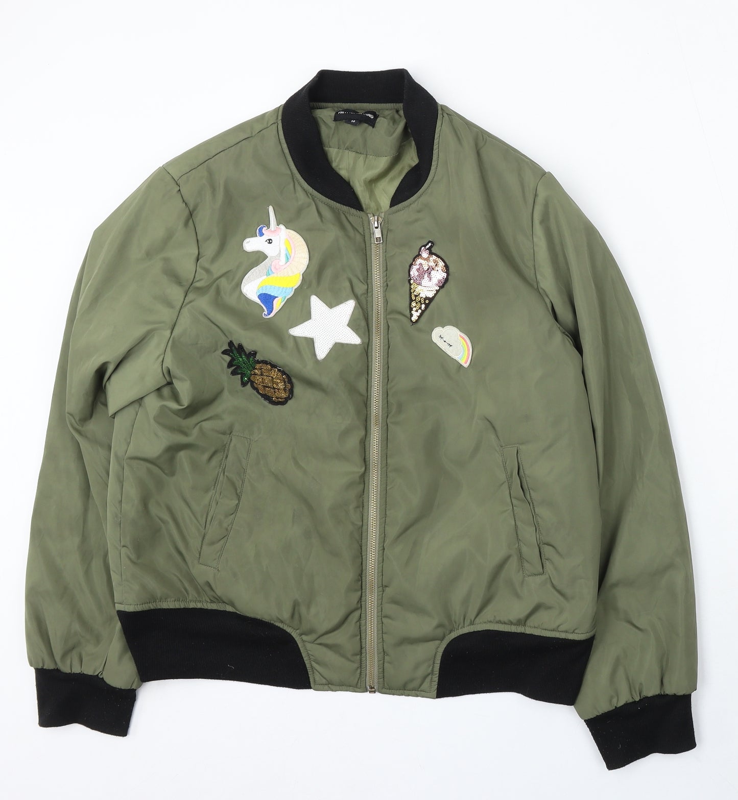 PRETTYLITTLETHING Womens Green Bomber Jacket Jacket Size 14 Zip - Assorted Patches