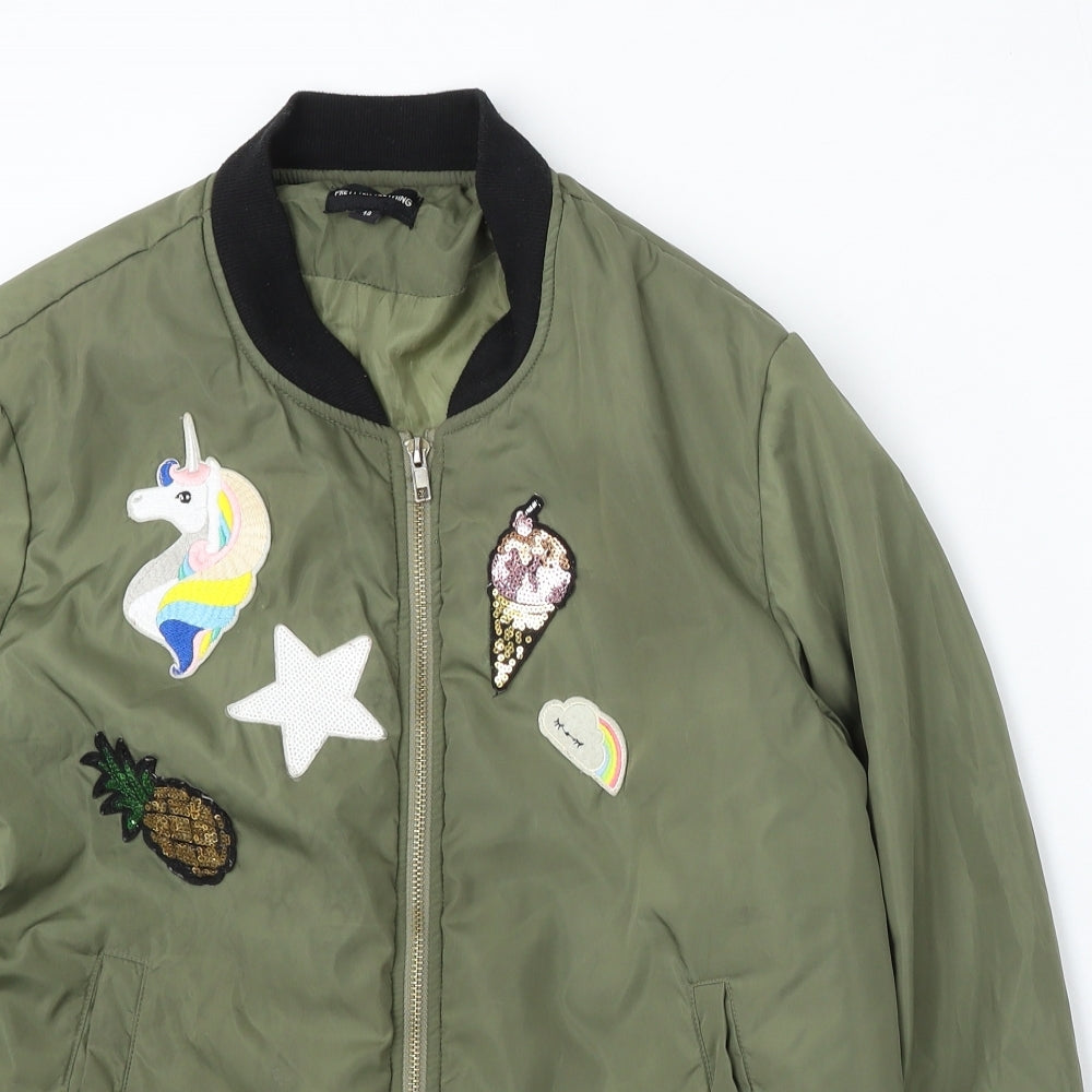PRETTYLITTLETHING Womens Green Bomber Jacket Jacket Size 14 Zip - Assorted Patches