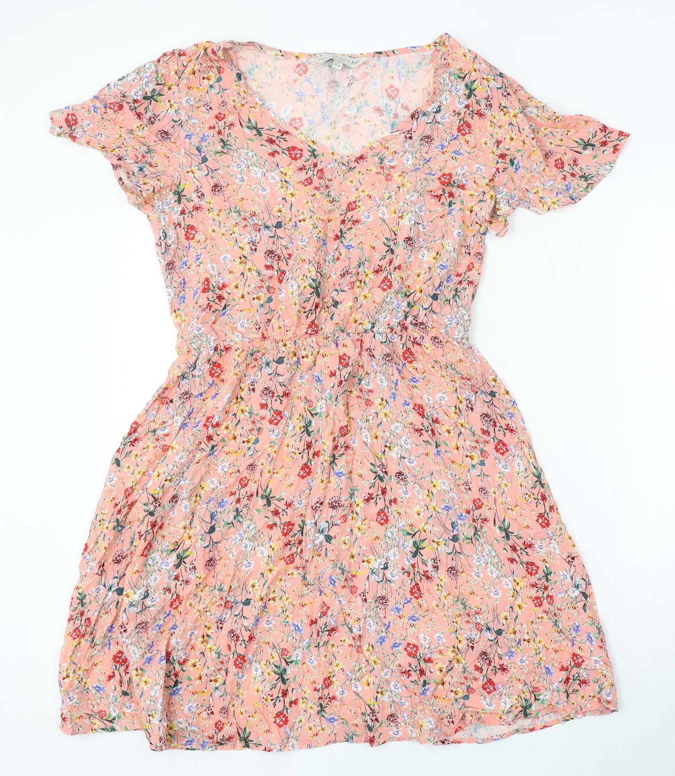 F&F Womens Pink Floral Viscose Skater Dress Size 10 Round Neck