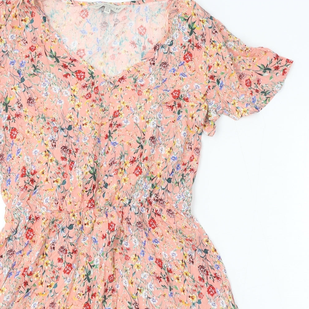 F&F Womens Pink Floral Viscose Skater Dress Size 10 Round Neck