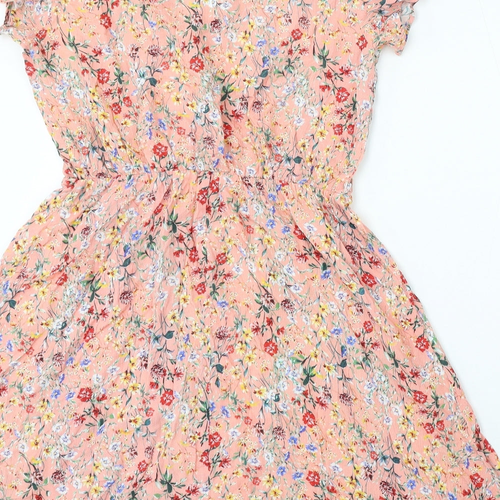 F&F Womens Pink Floral Viscose Skater Dress Size 10 Round Neck