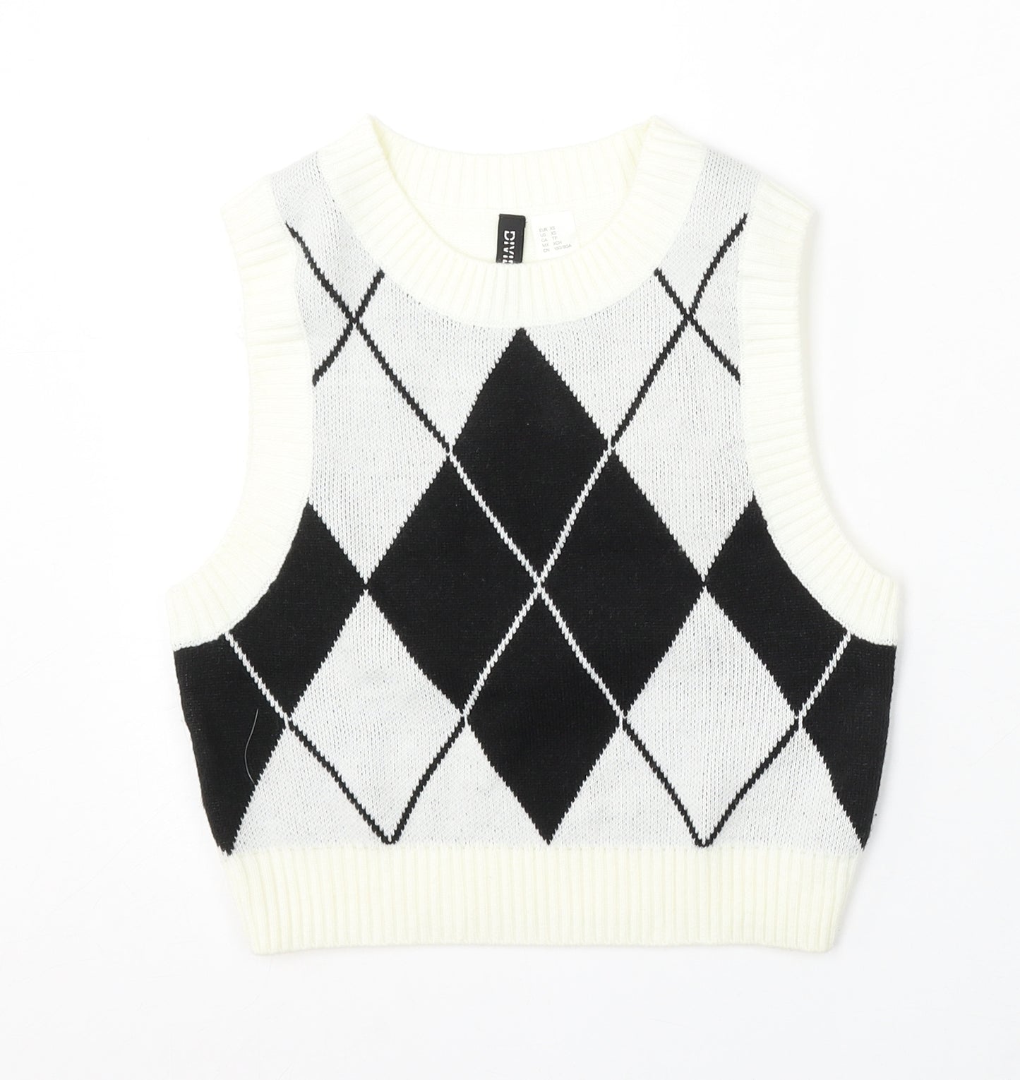 Divided by H&M Womens Ivory Round Neck Argyle/Diamond Acrylic Vest Jumper Size XS
