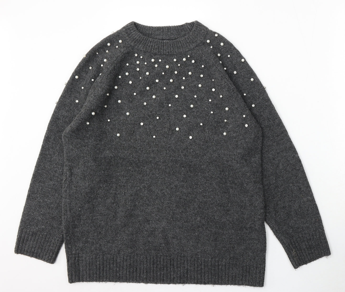 F&F Womens Grey Round Neck Acrylic Pullover Jumper Size 14 - BEAD DETAIL