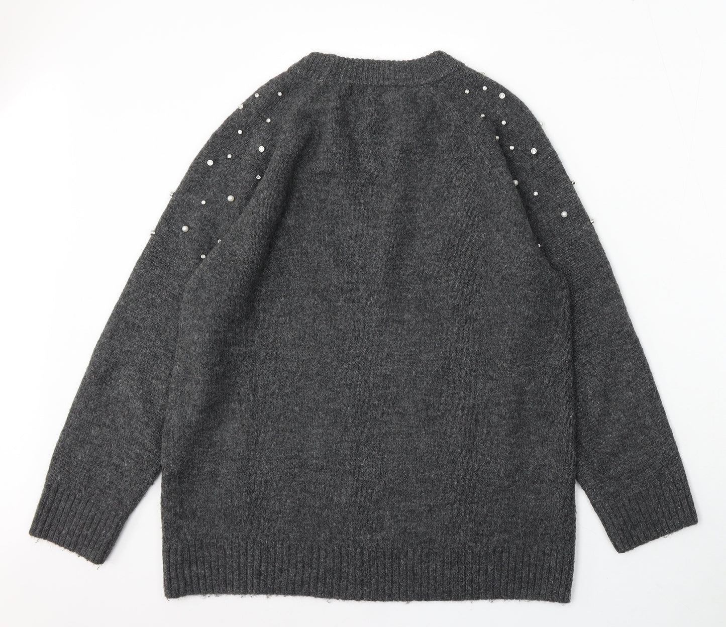 F&F Womens Grey Round Neck Acrylic Pullover Jumper Size 14 - BEAD DETAIL
