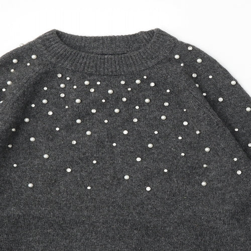 F&F Womens Grey Round Neck Acrylic Pullover Jumper Size 14 - BEAD DETAIL