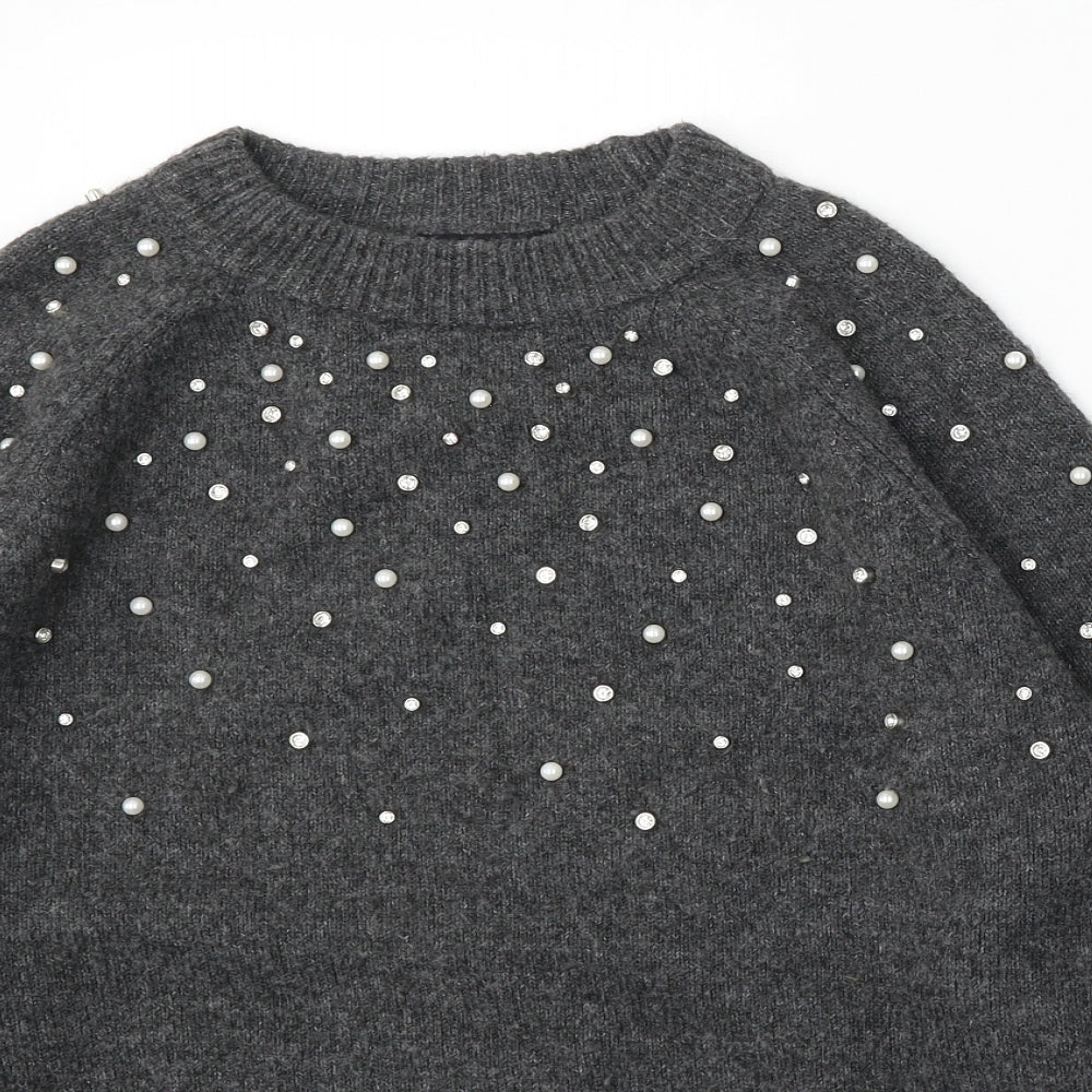 F&F Womens Grey Round Neck Acrylic Pullover Jumper Size 14 - BEAD DETAIL